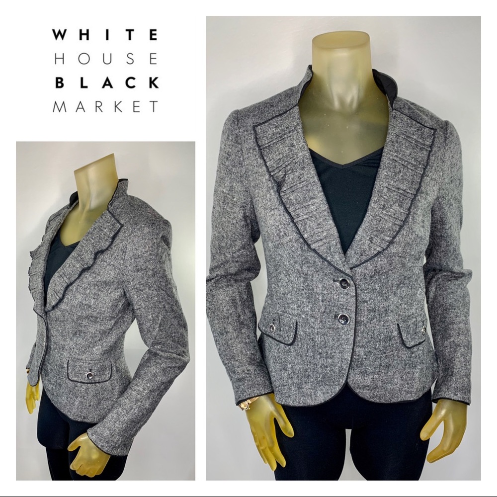 WHBM Gray Black Wool Suit Blazer Ruffles 6 Small